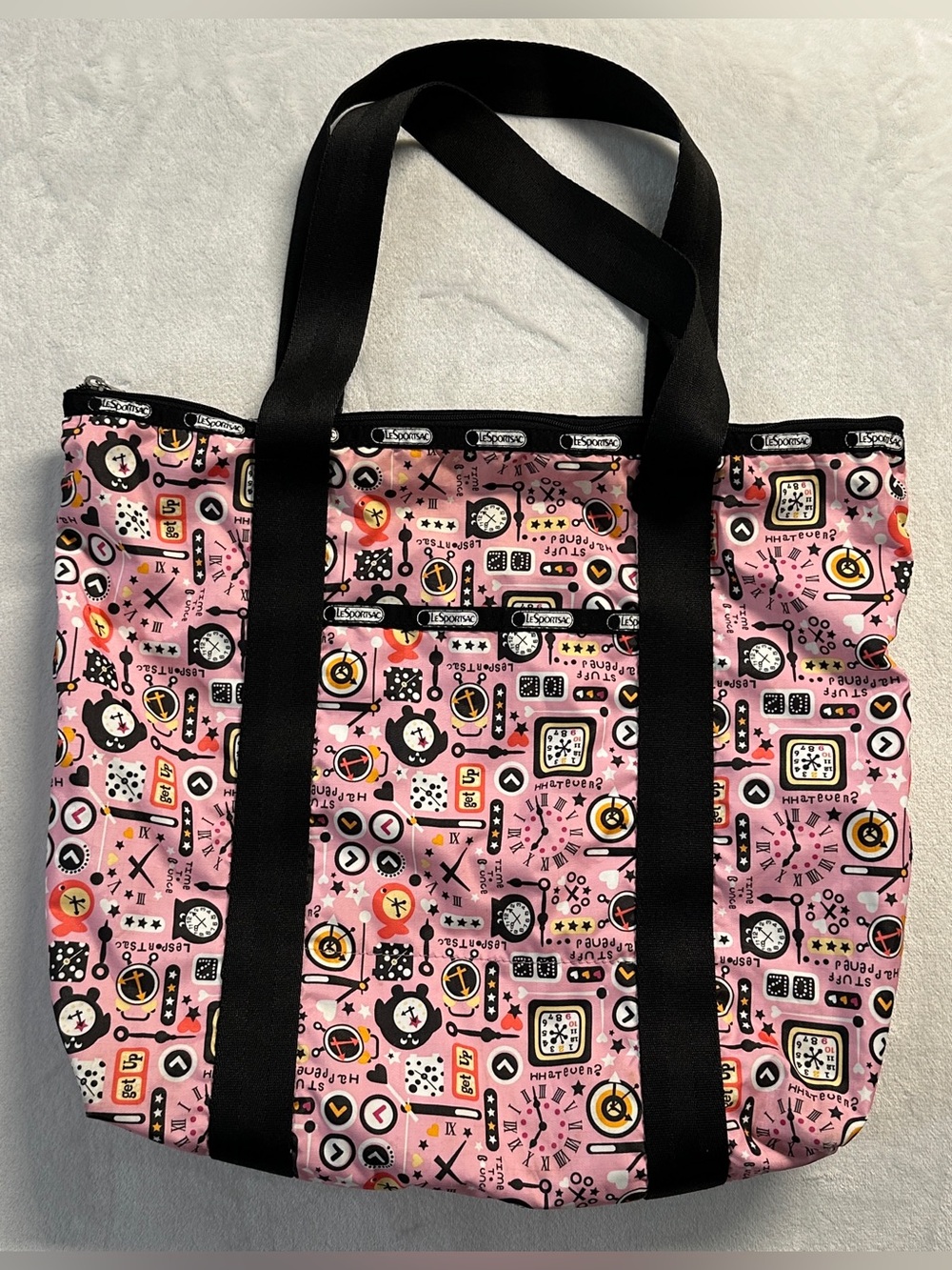 LESPORTSAC black pink retired 2009 "tick tock" print medium tote bag